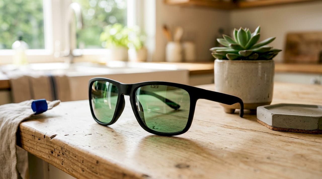 Close-up of polarized sunglasses with UV certificate