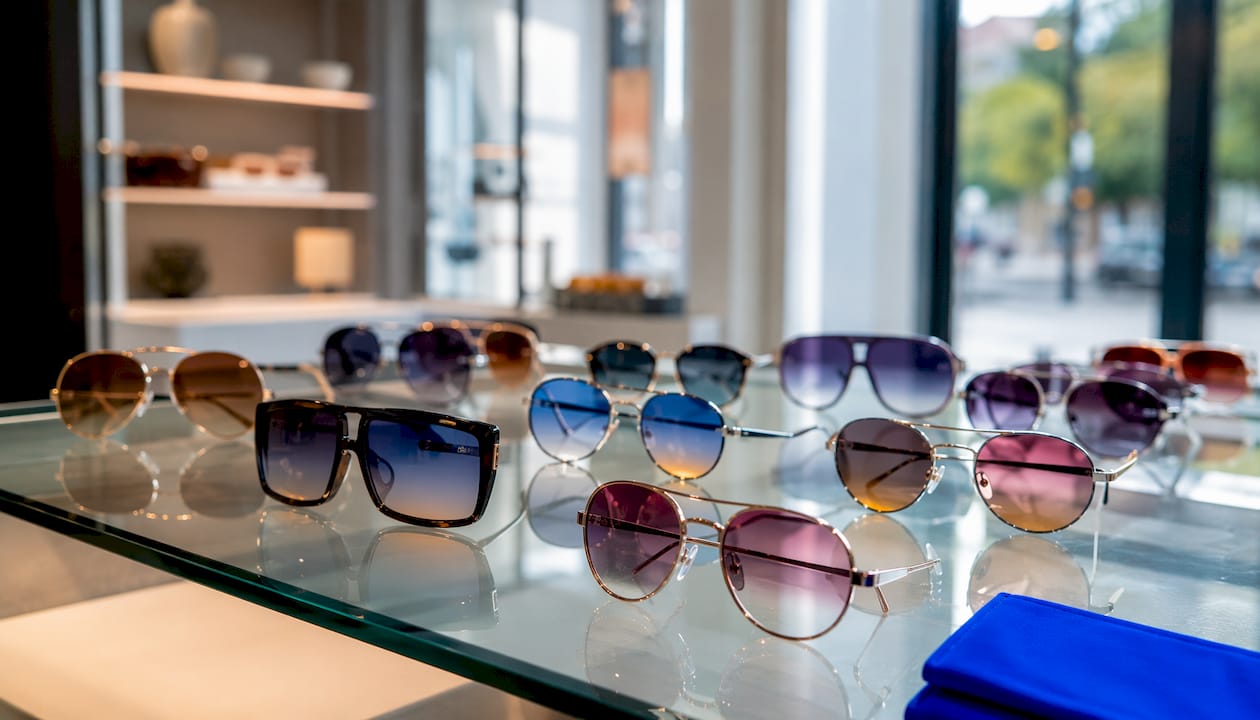 Top view of assorted fade lens sunglasses on wooden table