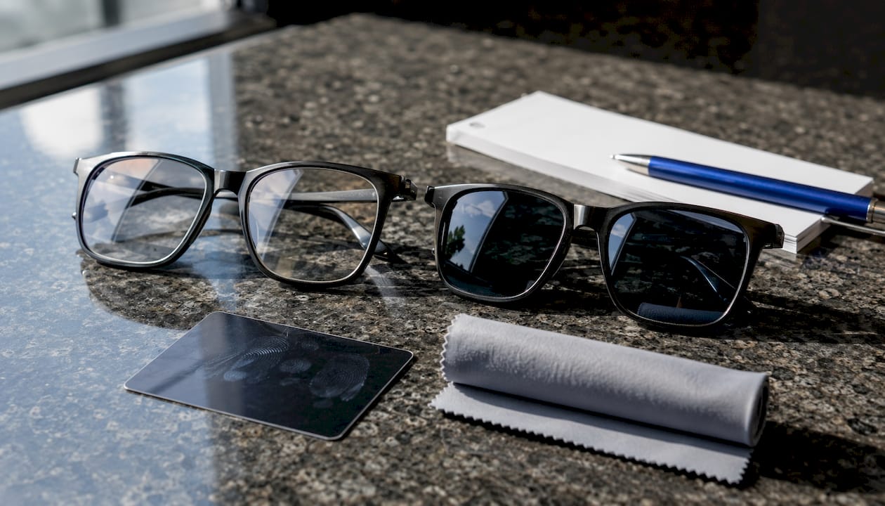 Flat lay comparison of photochromic and polarized sunglasses