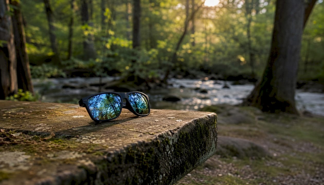 Polarized sunglasses reducing lake glare