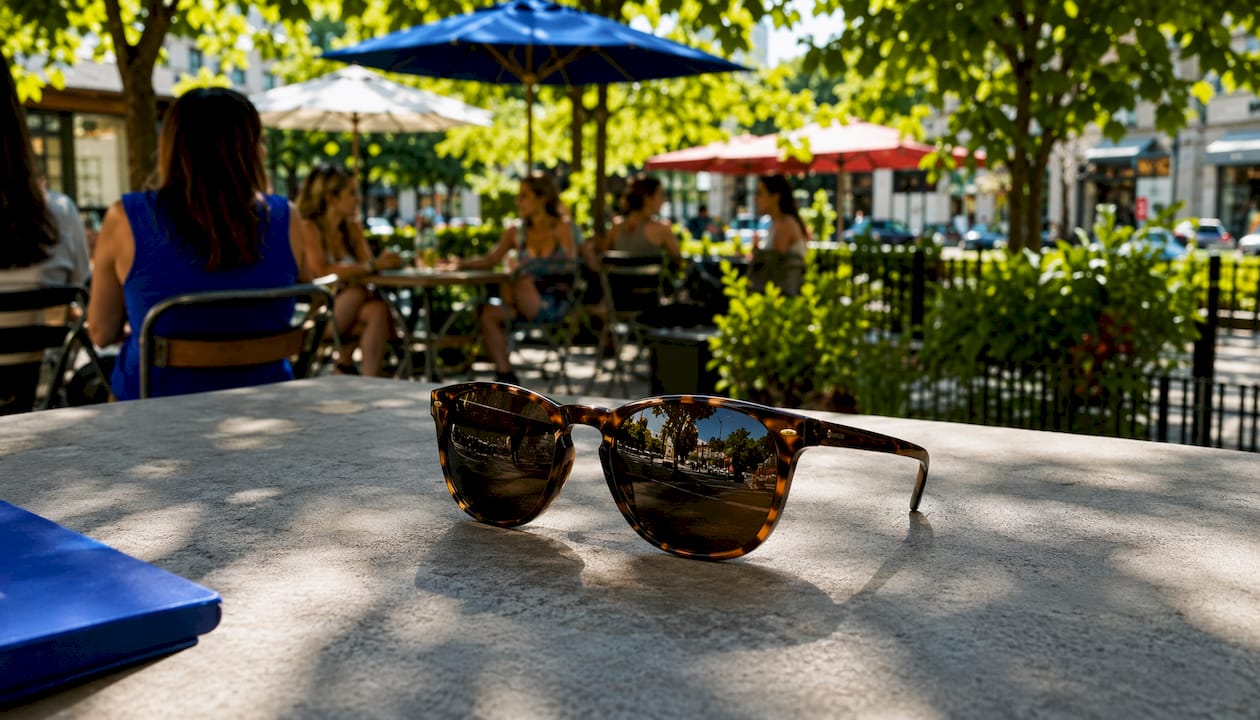 Close-up of UV400 sunglasses on wood table