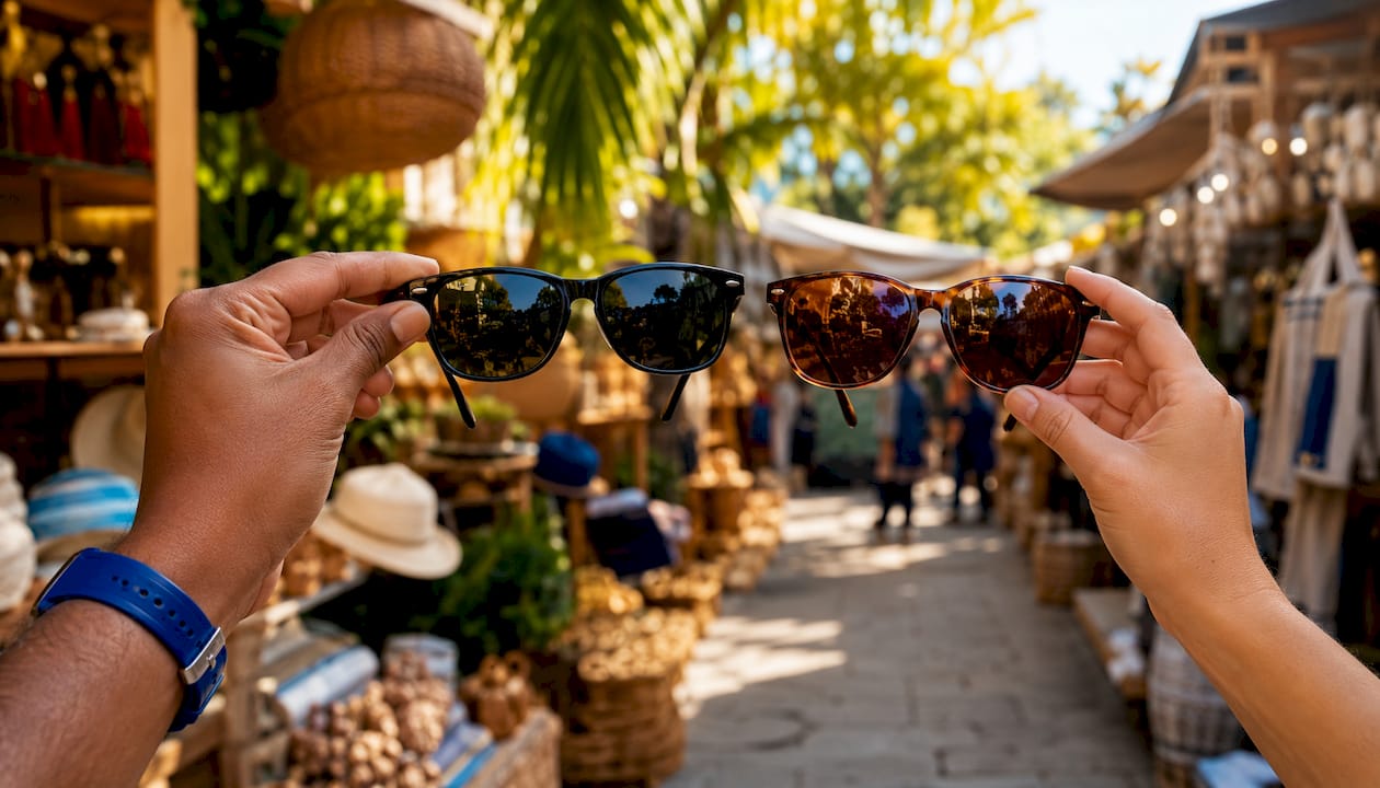 Hands comparing polarized color enhancing sunglasses