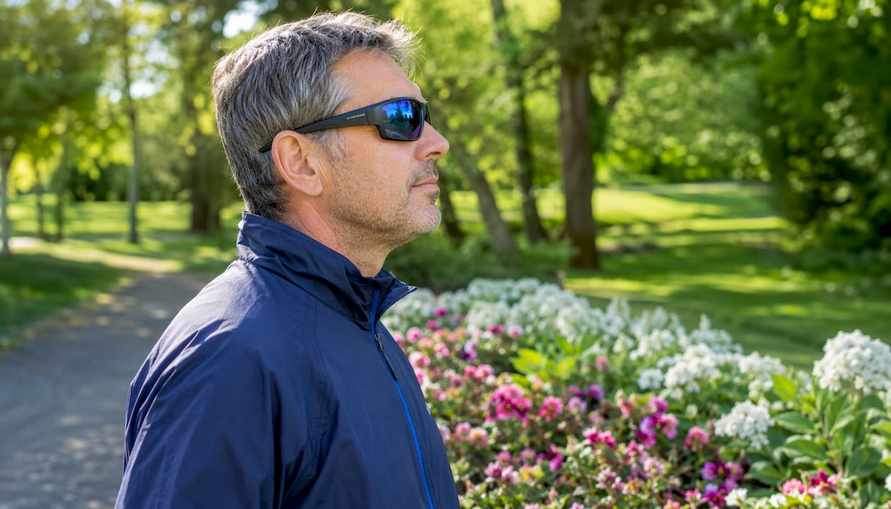 Side profile of man with wrap-around sunglasses