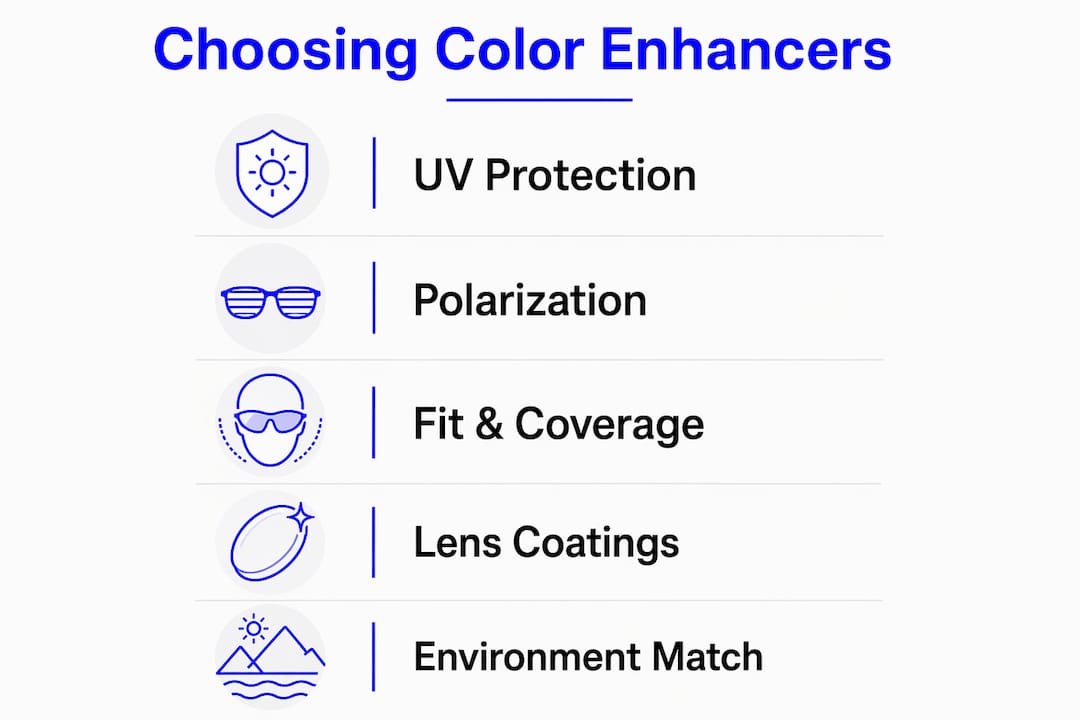 Infographic showing steps to choose color enhancing sunglasses