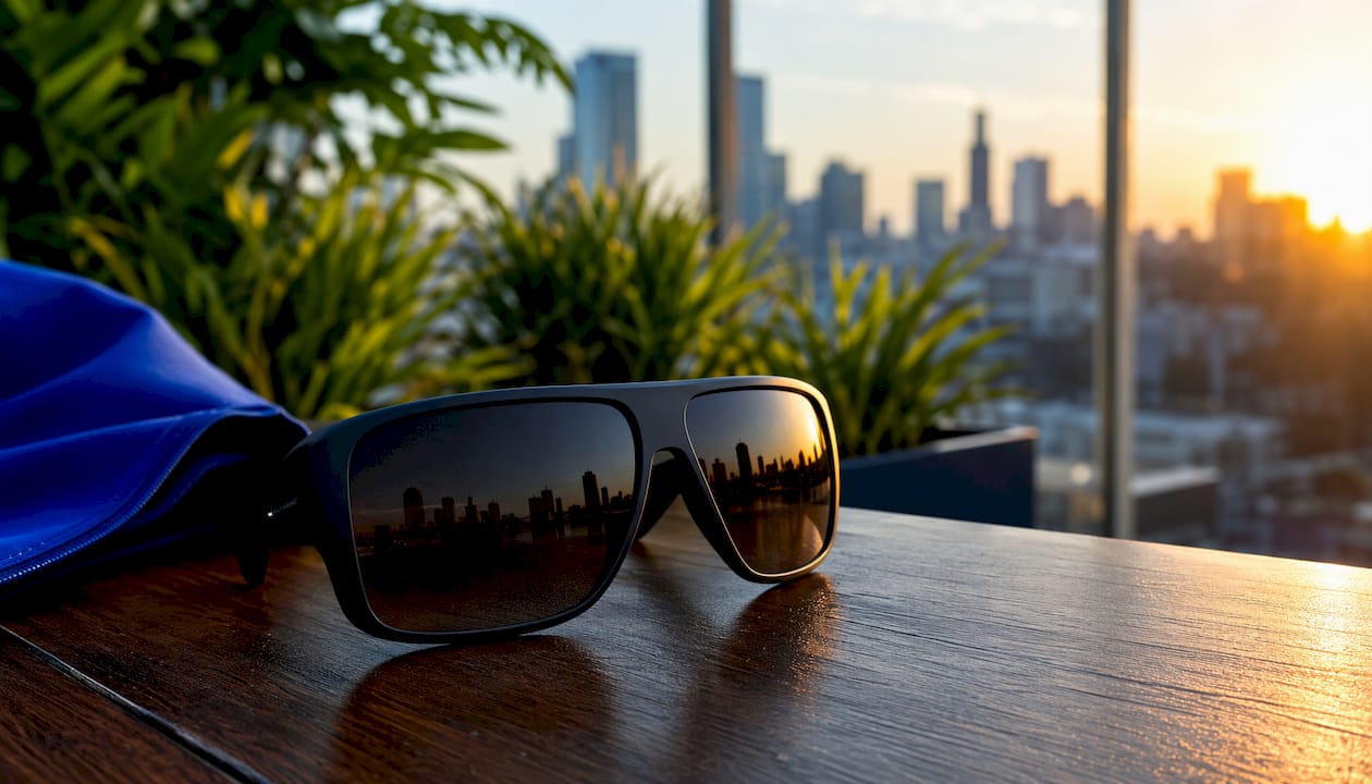 Stylish modern full coverage sunglasses close-up