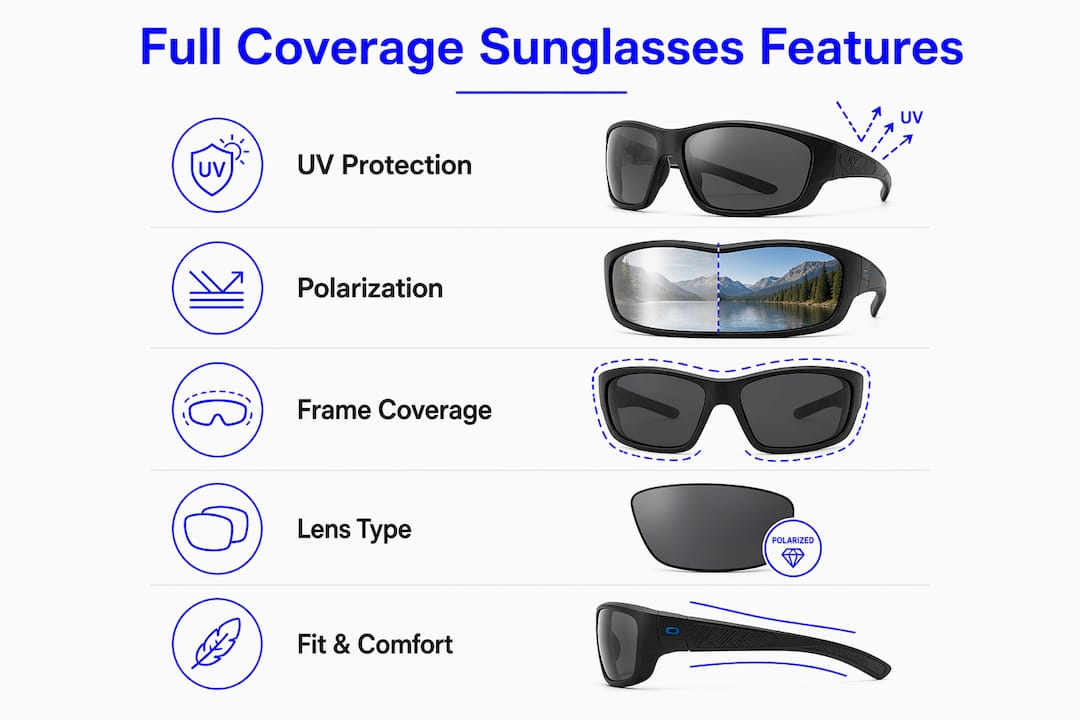 Infographic of key full coverage sunglasses features