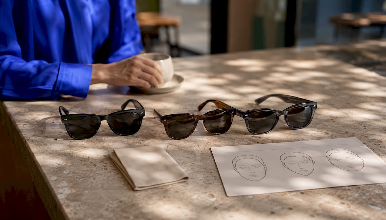 Wayfarer sunglasses with face shape guide and measuring tape