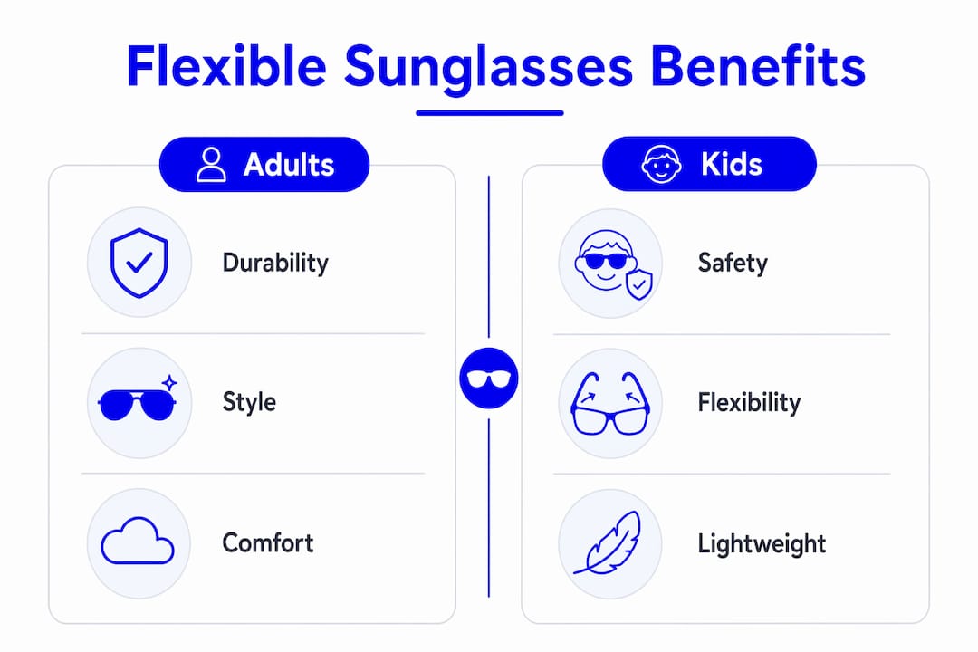 Infographic comparing benefits of flexible sunglasses for adults and kids