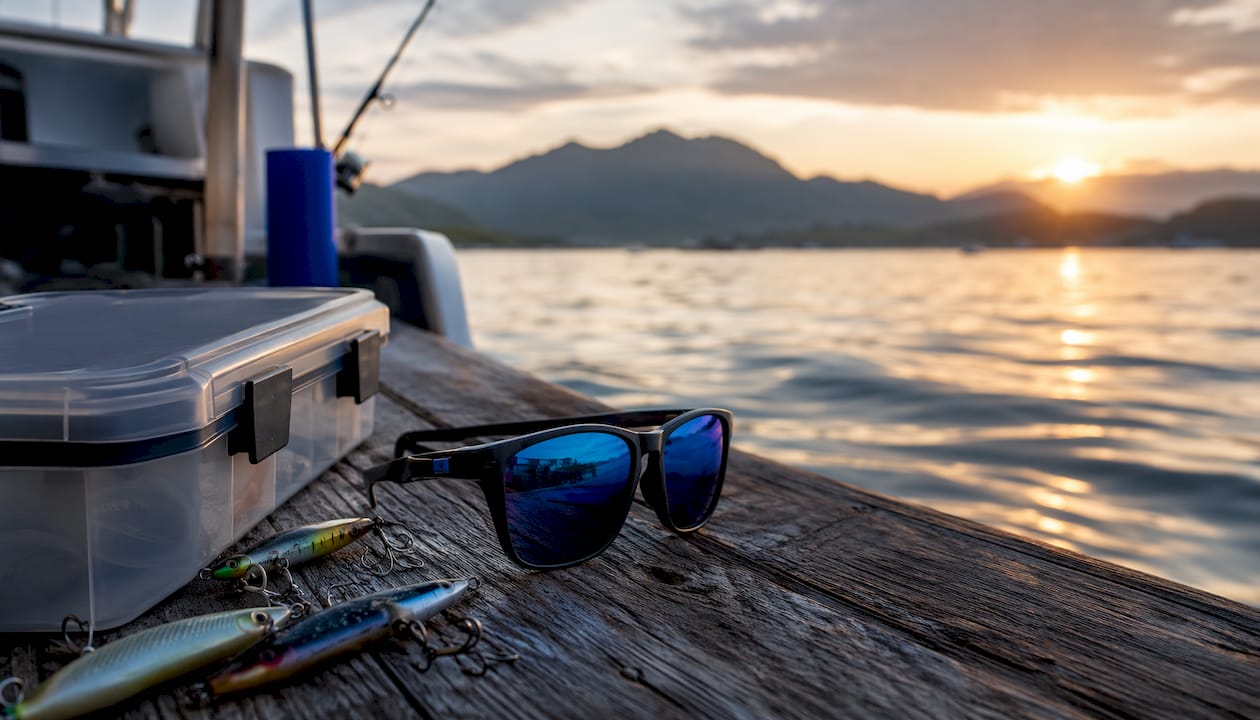 Polarized sunglasses on fishing boat deck close-up