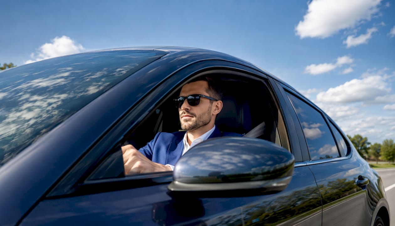 Man driving wearing polarized sunglasses to reduce glare