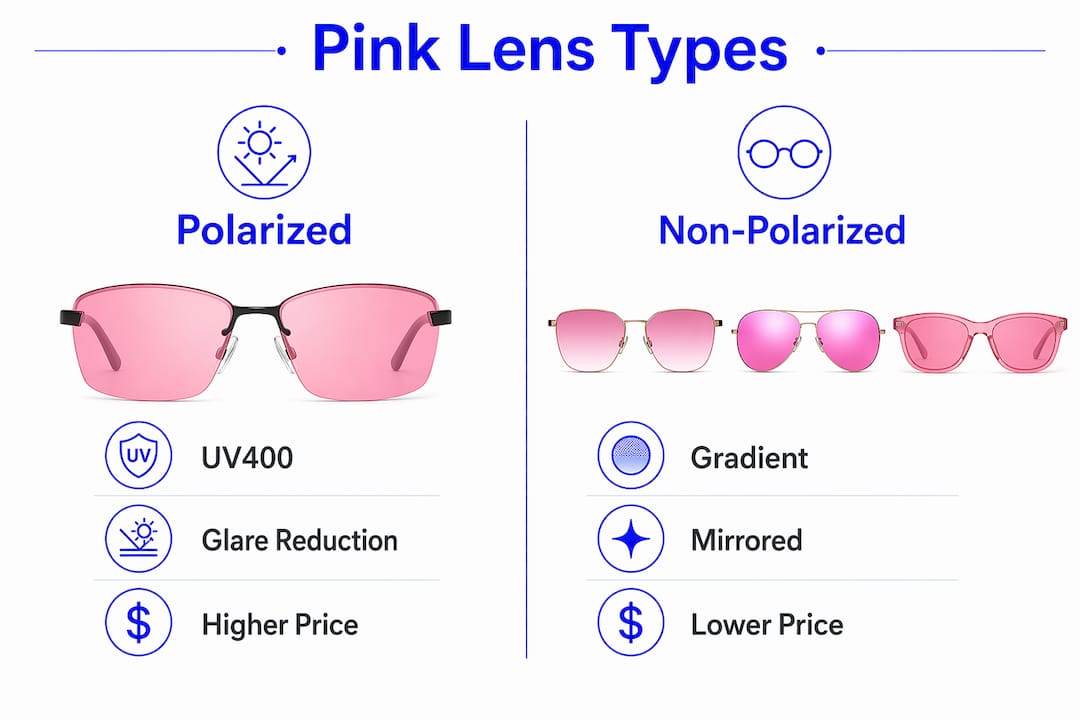 Infographic comparing polarized and non-polarized pink lens types