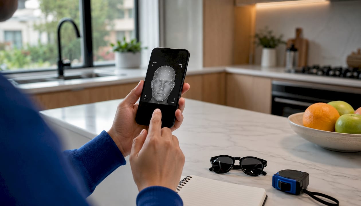 Hands scanning face with smartphone for sunglasses fit