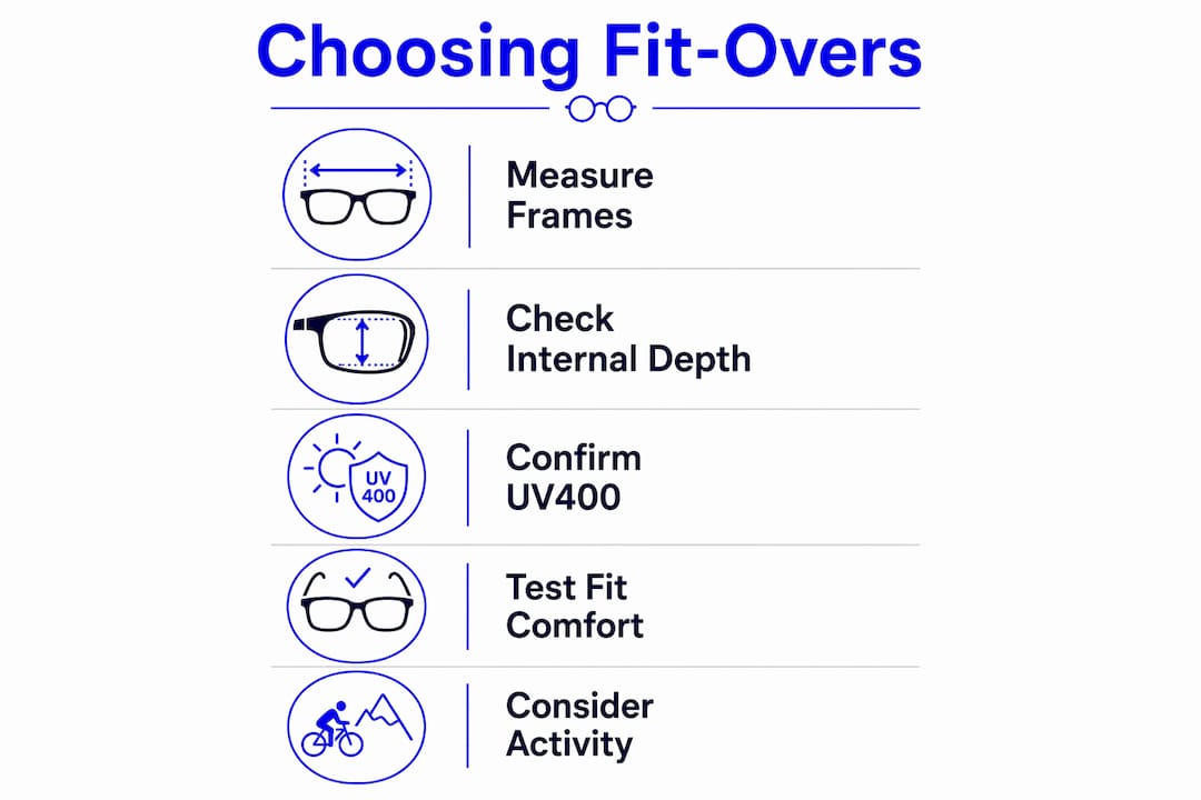 Infographic showing steps to choose fit-over sunglasses