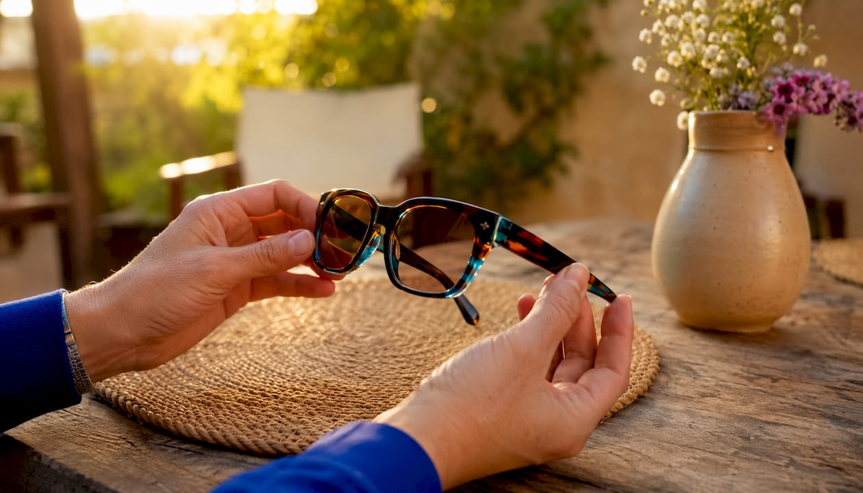 Close-up of full-rim acetate sunglass frame