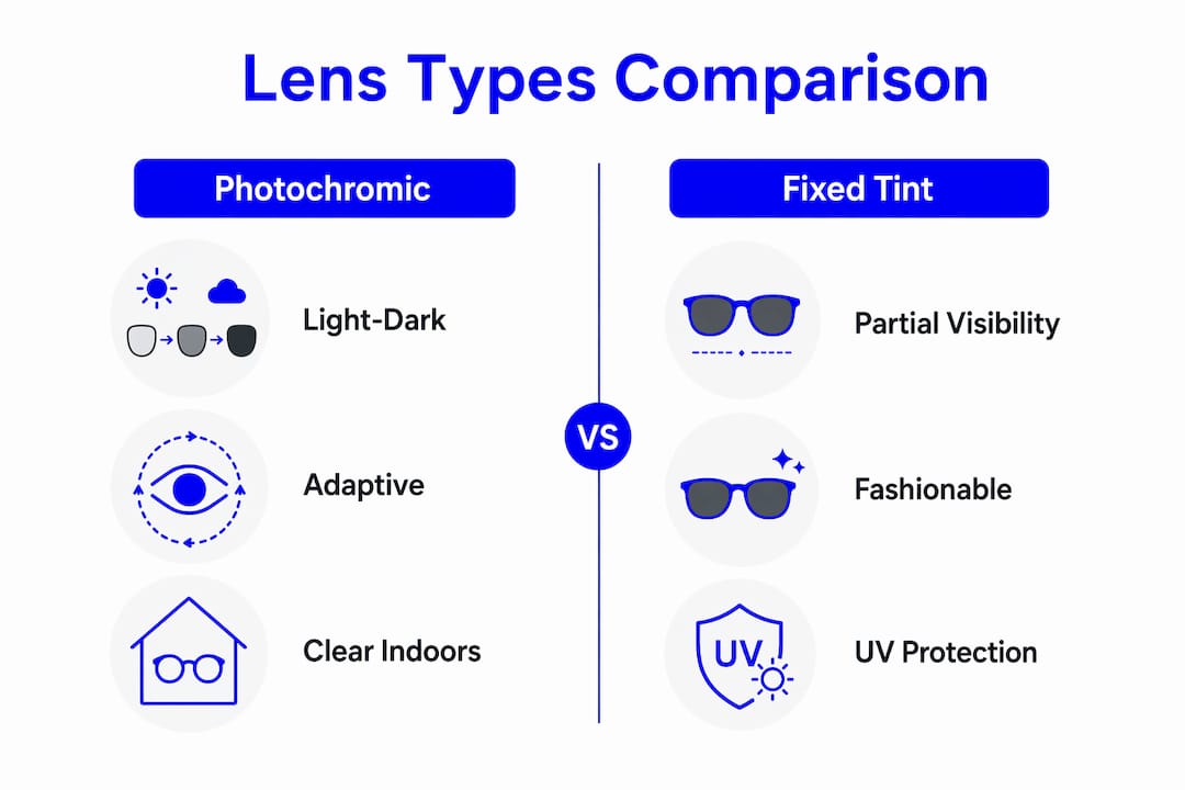 Infographic comparing photochromic and fixed tint lenses for sunglasses
