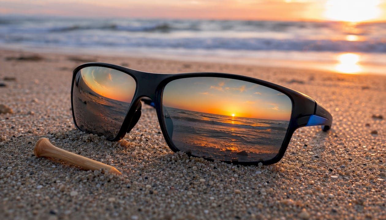 Close-up of polarized golf sunglasses on grass