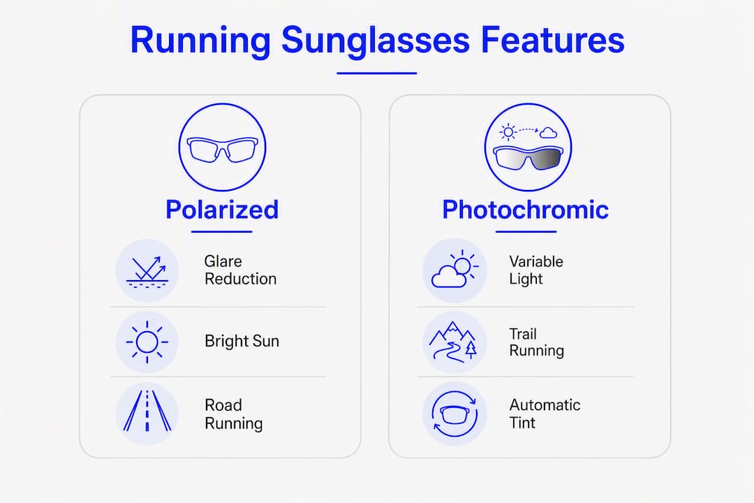Infographic comparing polarized and photochromic running sunglasses features