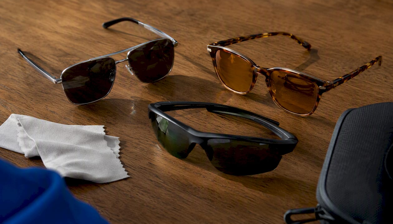 Variety of driving sunglasses on white background