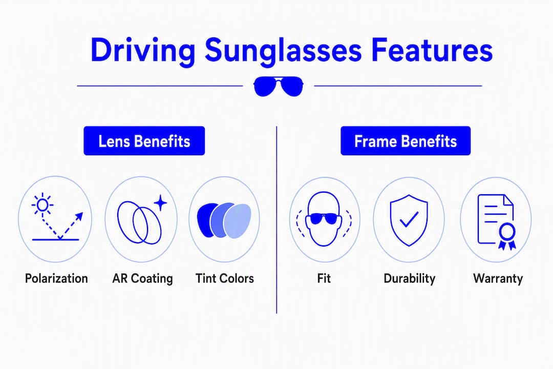 Infographic comparing sunglasses lens and frame features