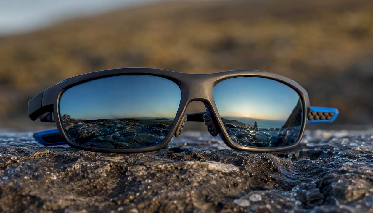 Close-up of hiking sunglasses features