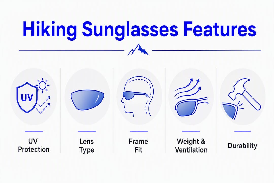 Infographic illustrating key hiking sunglasses features