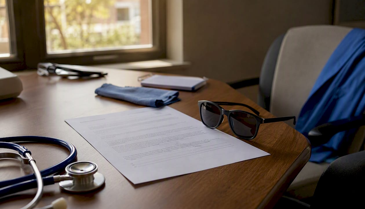 Doctor's desk showing LMN and prescription sunglasses