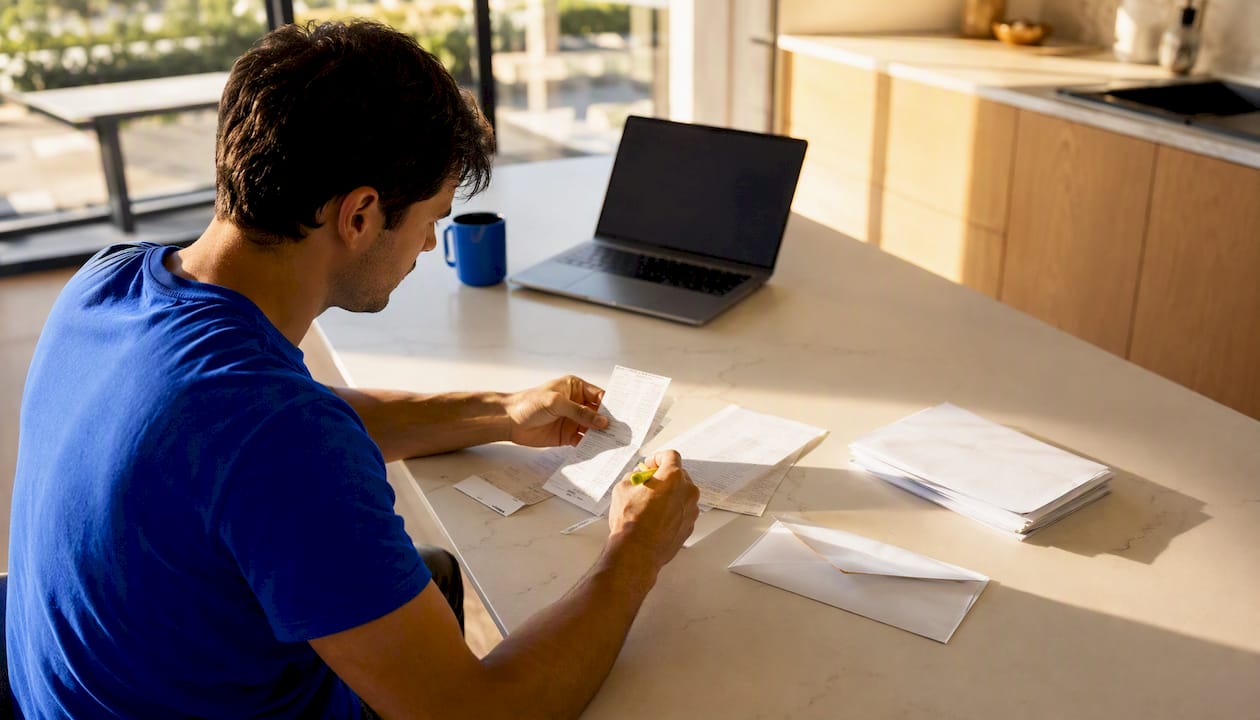 Man preparing FSA reimbursement documents at home desk