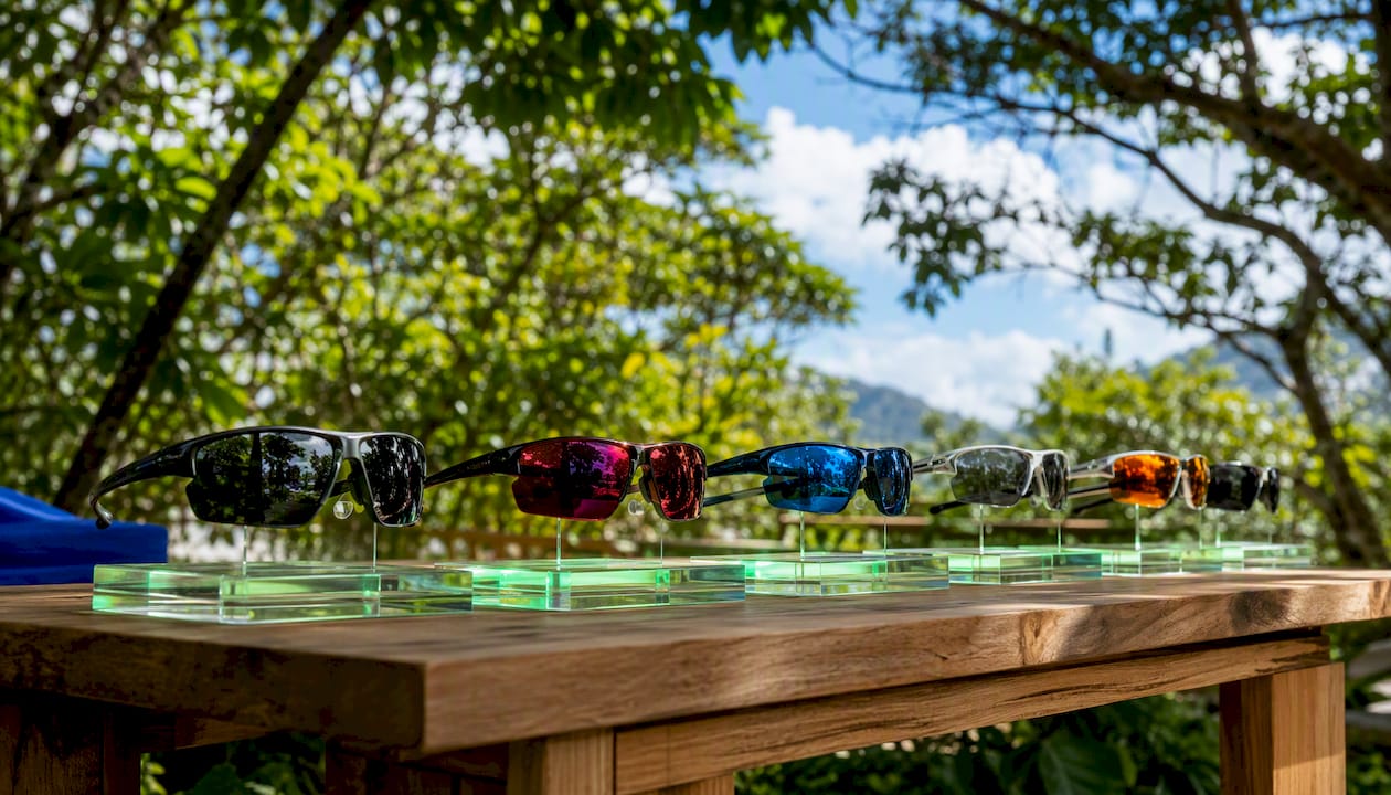 Chap'el Eyewear sport sunglasses on display stand