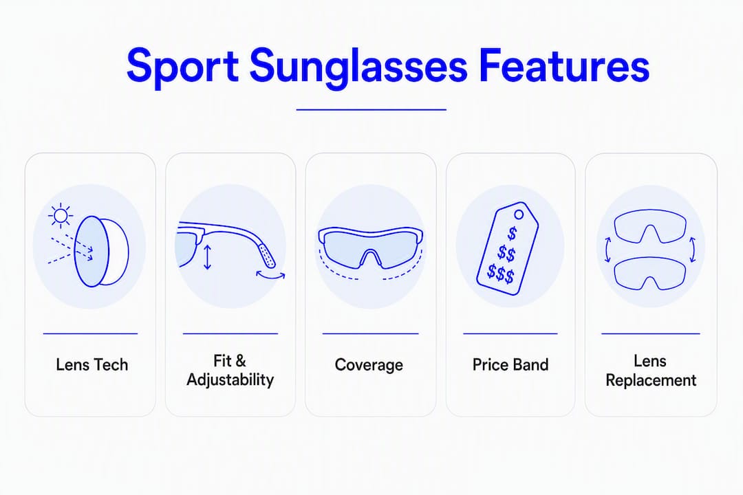 Infographic displaying sport sunglasses features hierarchy