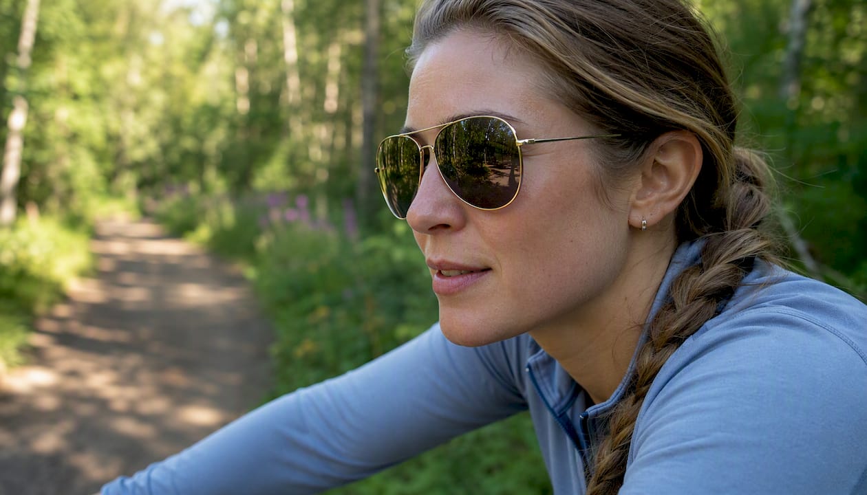 Close-up of person wearing large aviator sunglasses cycling
