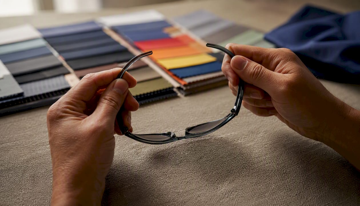 Hands bending flexible sunglasses frame