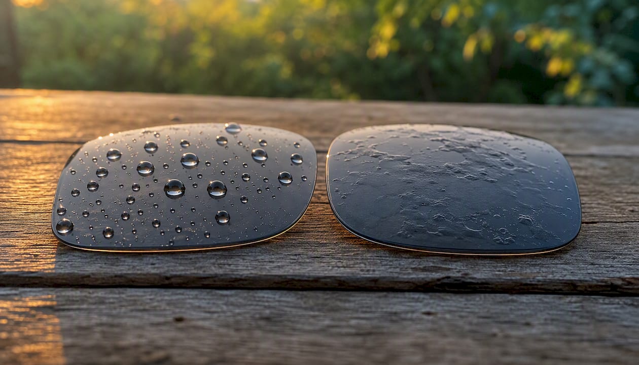 Comparison of water beading and spreading on lenses