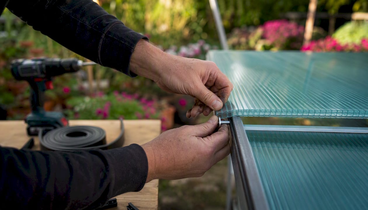 Installing polycarbonate panel on greenhouse frame