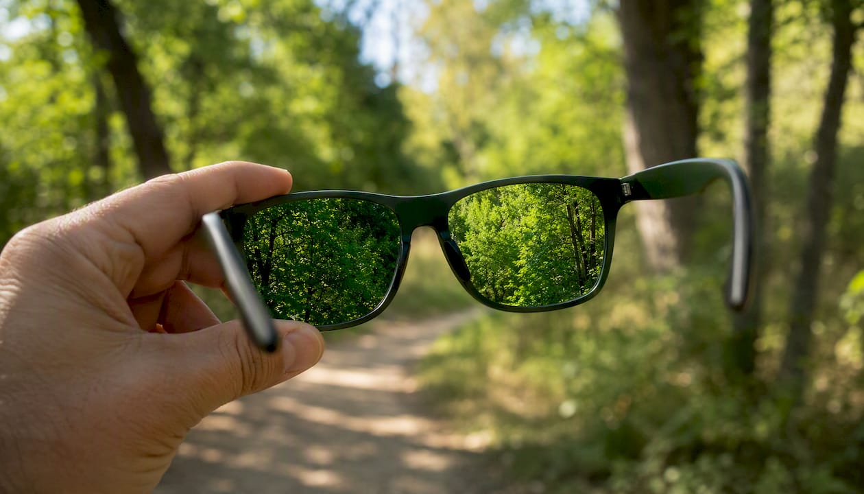 Cycling trail and foliage viewed through green lens