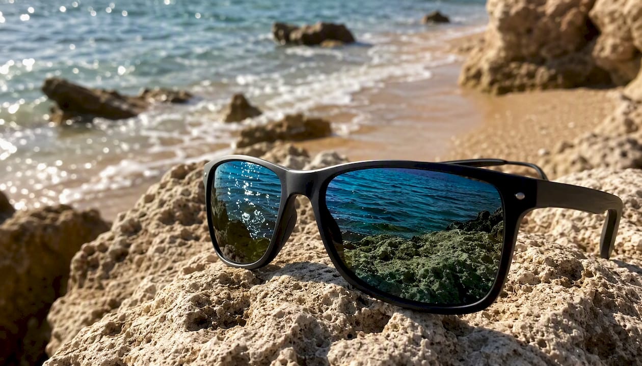 Polarized sunglasses lens reducing water glare