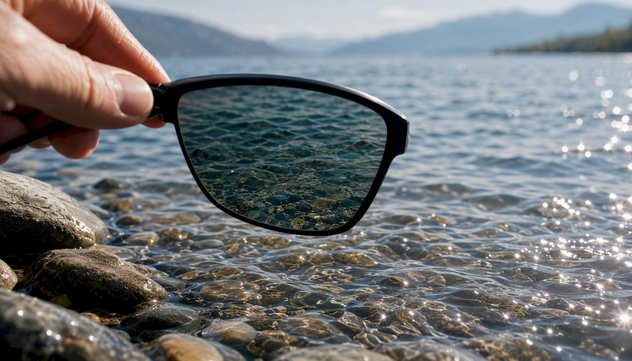 Polarized lens cutting glare on water surface