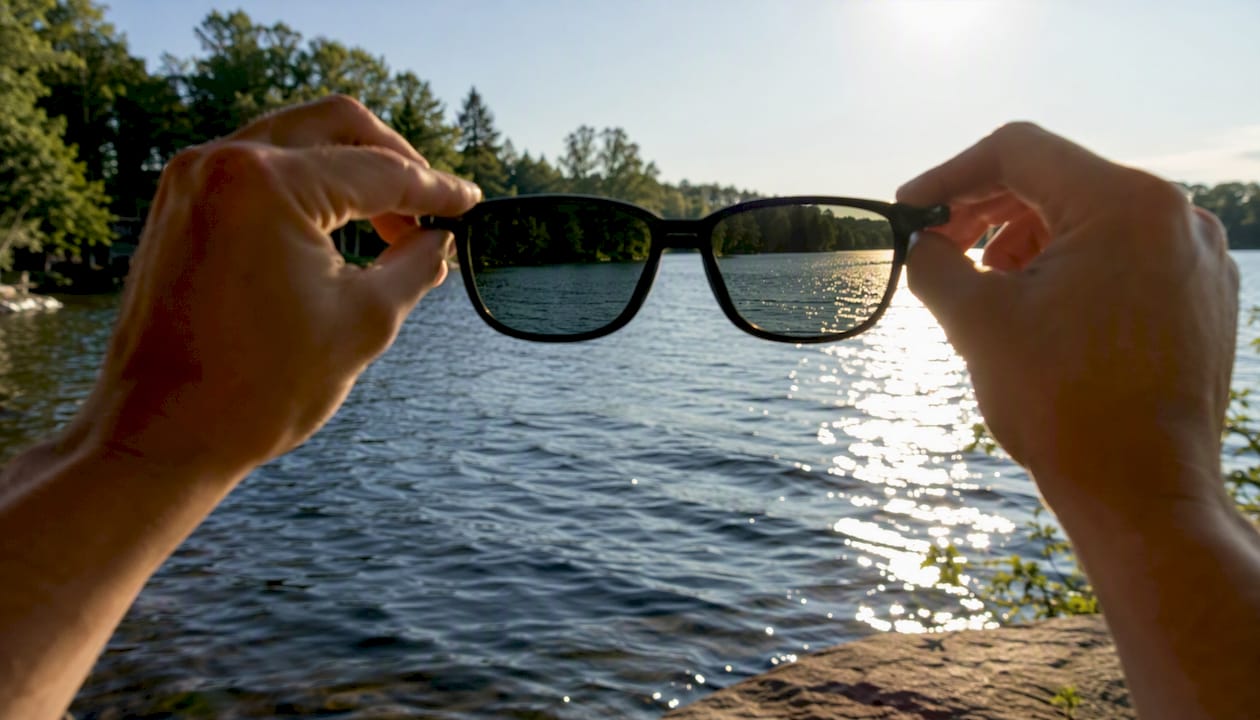 Hand adjusting polarized sunglasses near lake glare