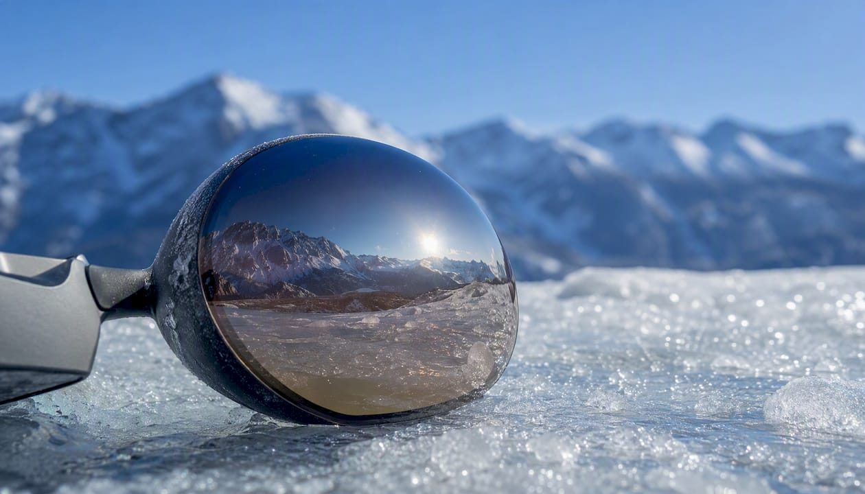 Spherical goggle lens showing dual curvature on snow