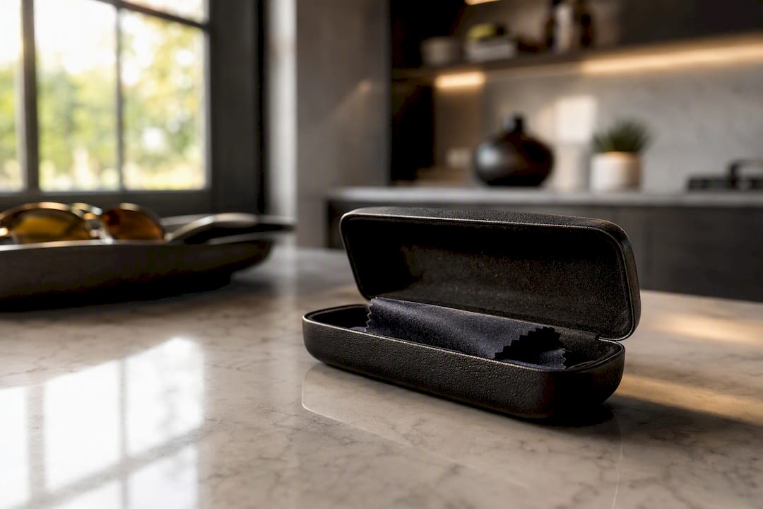 Open hard sunglasses case with cleaning cloth inside