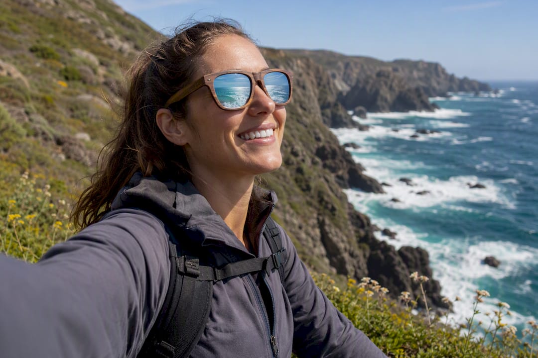 Person outdoors wearing eco-friendly sunglasses