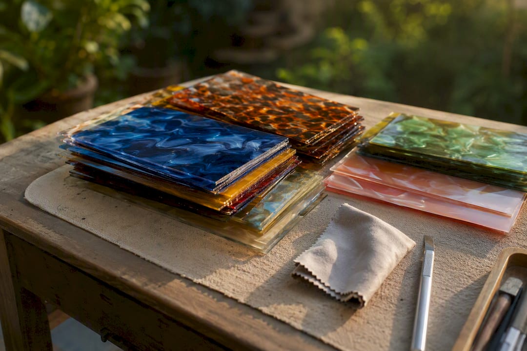 Layered multicolor acetate sheets on worktable