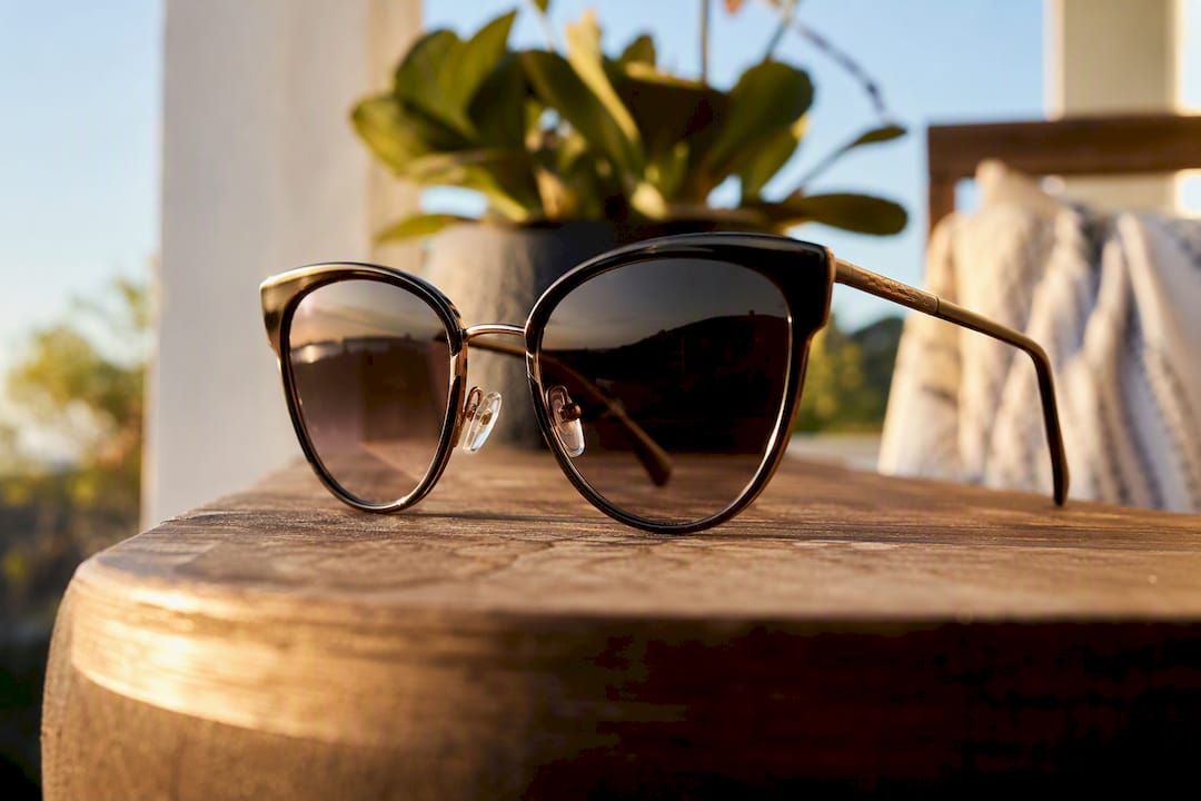 Close-up oversized cat-eye sunglasses bridge