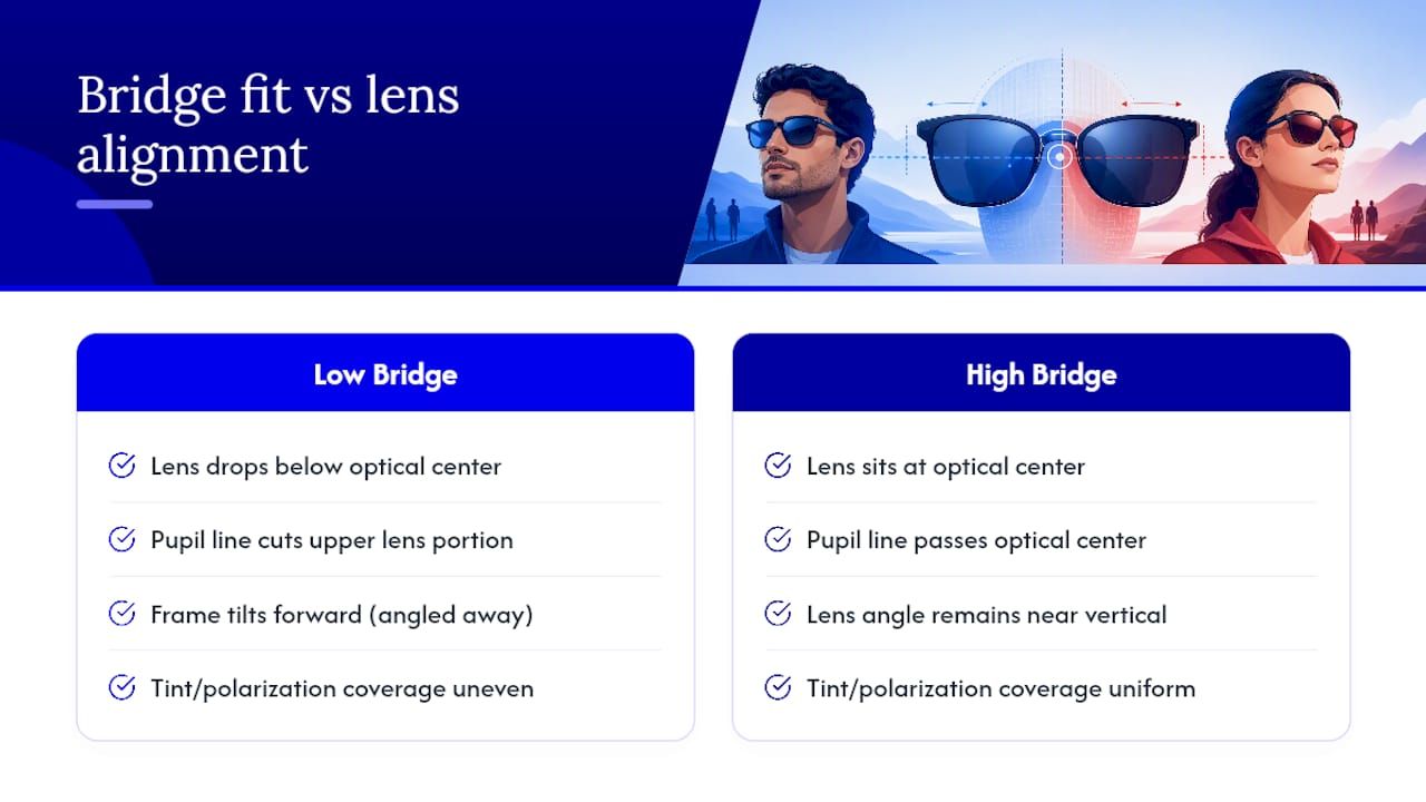 Diagram comparing lens position in low vs high bridge fit