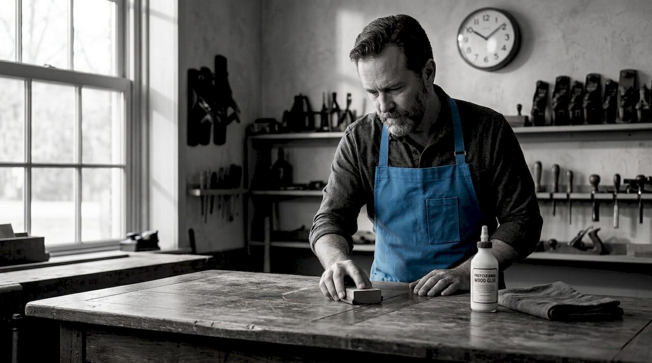 What Determines Furniture Repair Value: a Homeowner's Guide Hands repairing solid hardwood table edge