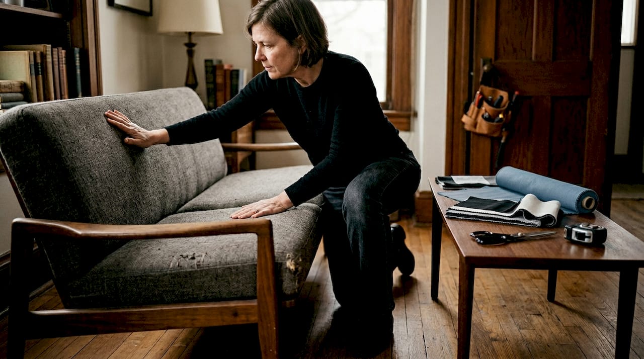 Woman inspecting curved sofa condition in living room