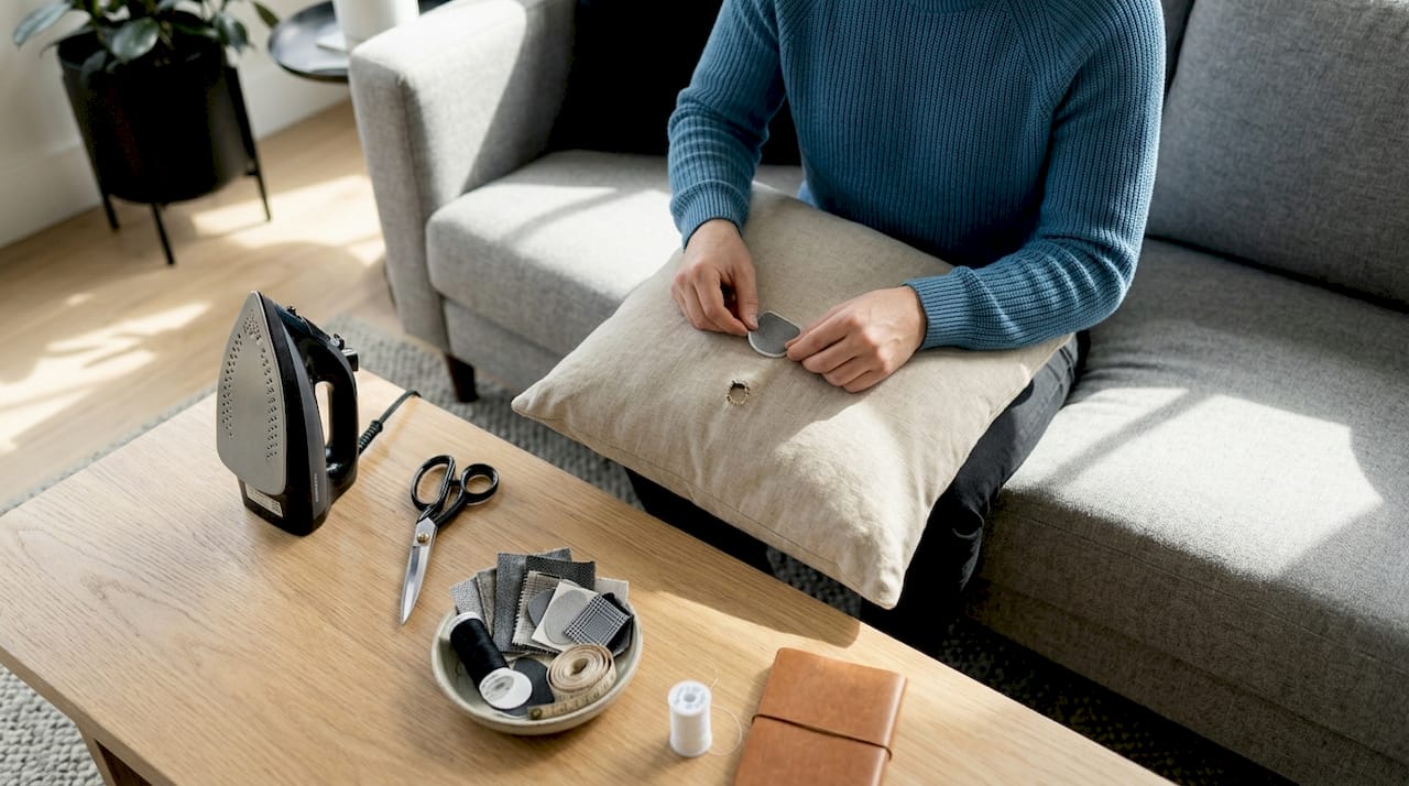 Applying patch to sofa burn hole