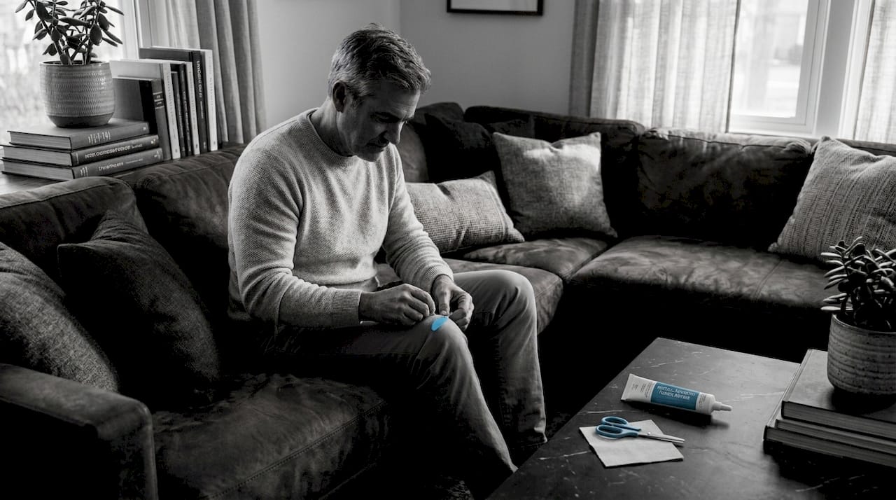Homeowner mends suede couch tear in living room