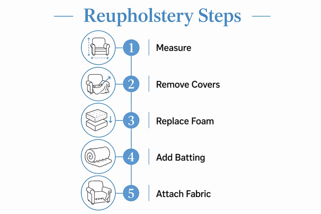 Infographic showing step-by-step sofa reupholstery process