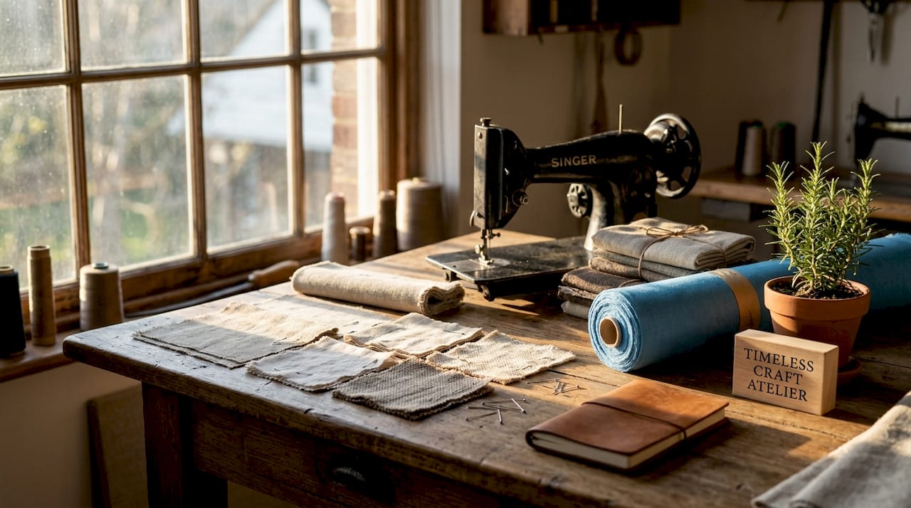 Natural fiber upholstery fabric samples on wood table