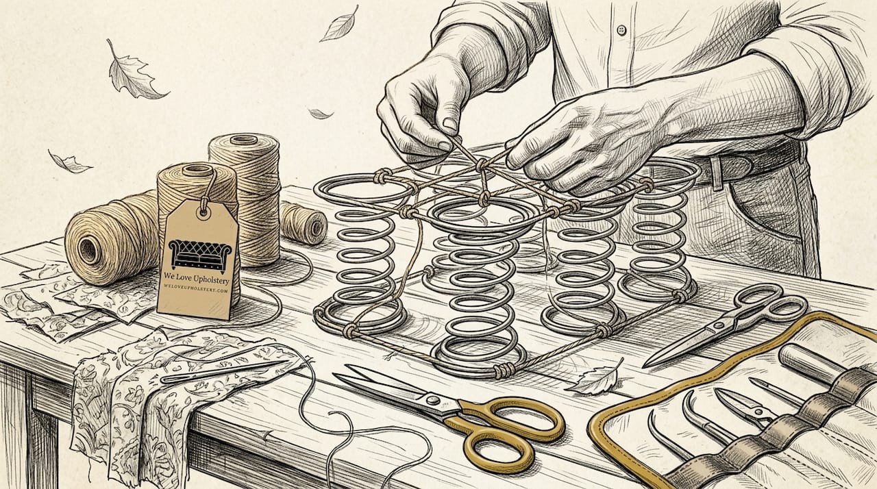 Close-up of hand-tying springs in upholstery